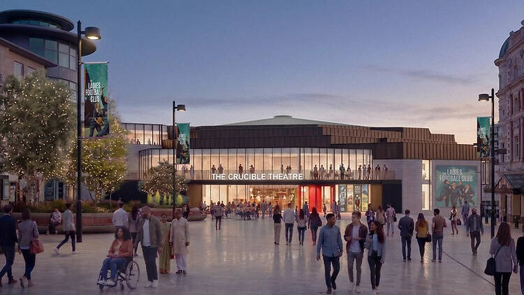 Render of the exterior of the upgraded Crucible Theatre in Sheffield Render of the exterior of the upgraded Crucible Theatre in Sheffield