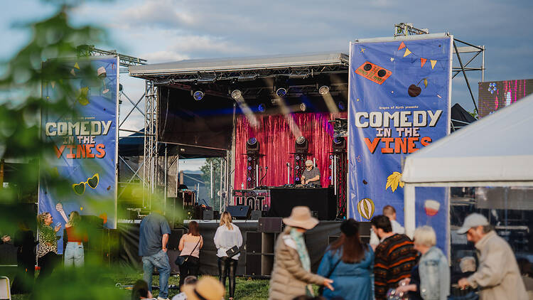 Comedy in the Vines people in front of stage for Comedy in the Vines