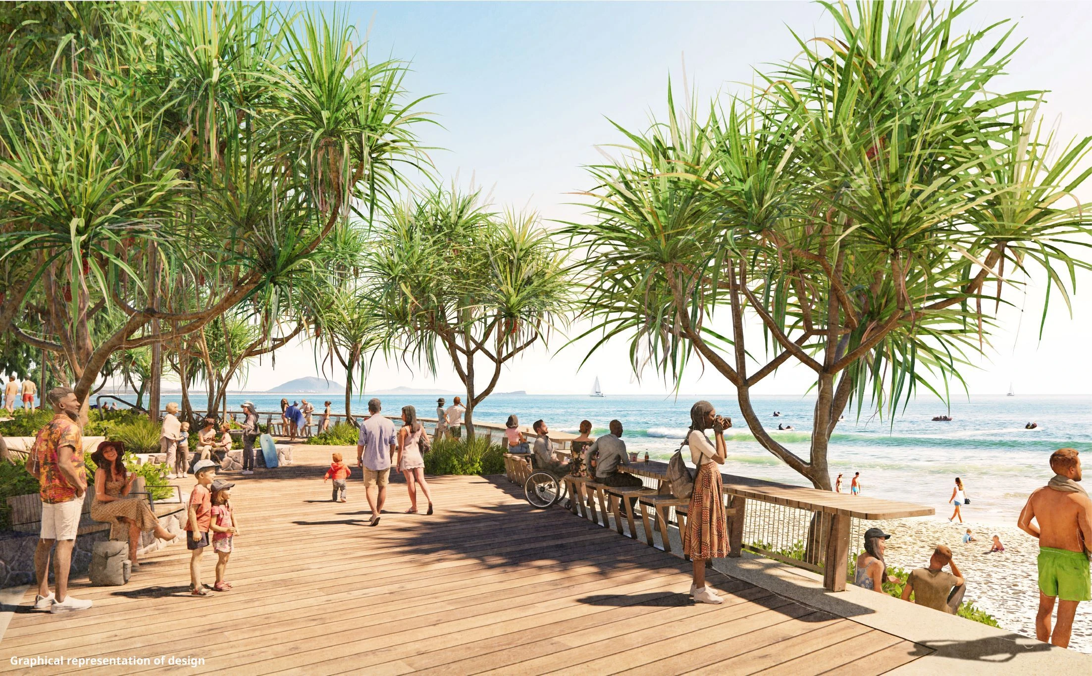 Render of Mooloolaba Foreshore&rsquo;s new boardwalk and viewing deck