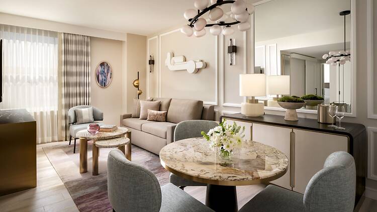 The living room of a suite at Fairmont Breakers Long Beach