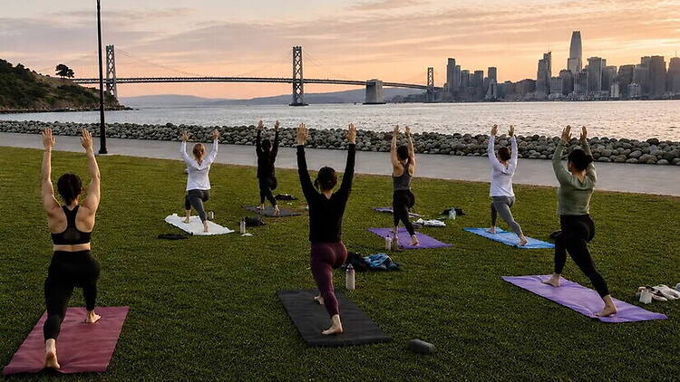 Wide view of people practicing yoga in a waterfront park. Wide view of people practicing yoga in a waterfront park.