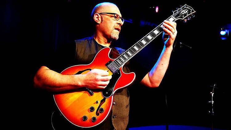 A close-up of a guitarist performing on stage during a live concert