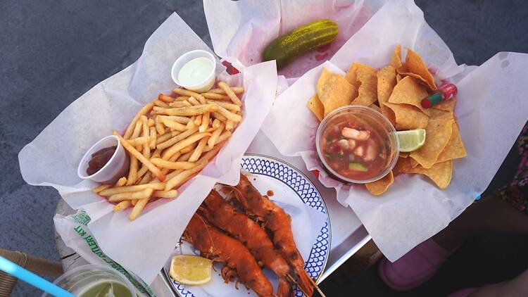 Ceviche, BBQ Prawns Skewer, French Fries and the Big Pickle