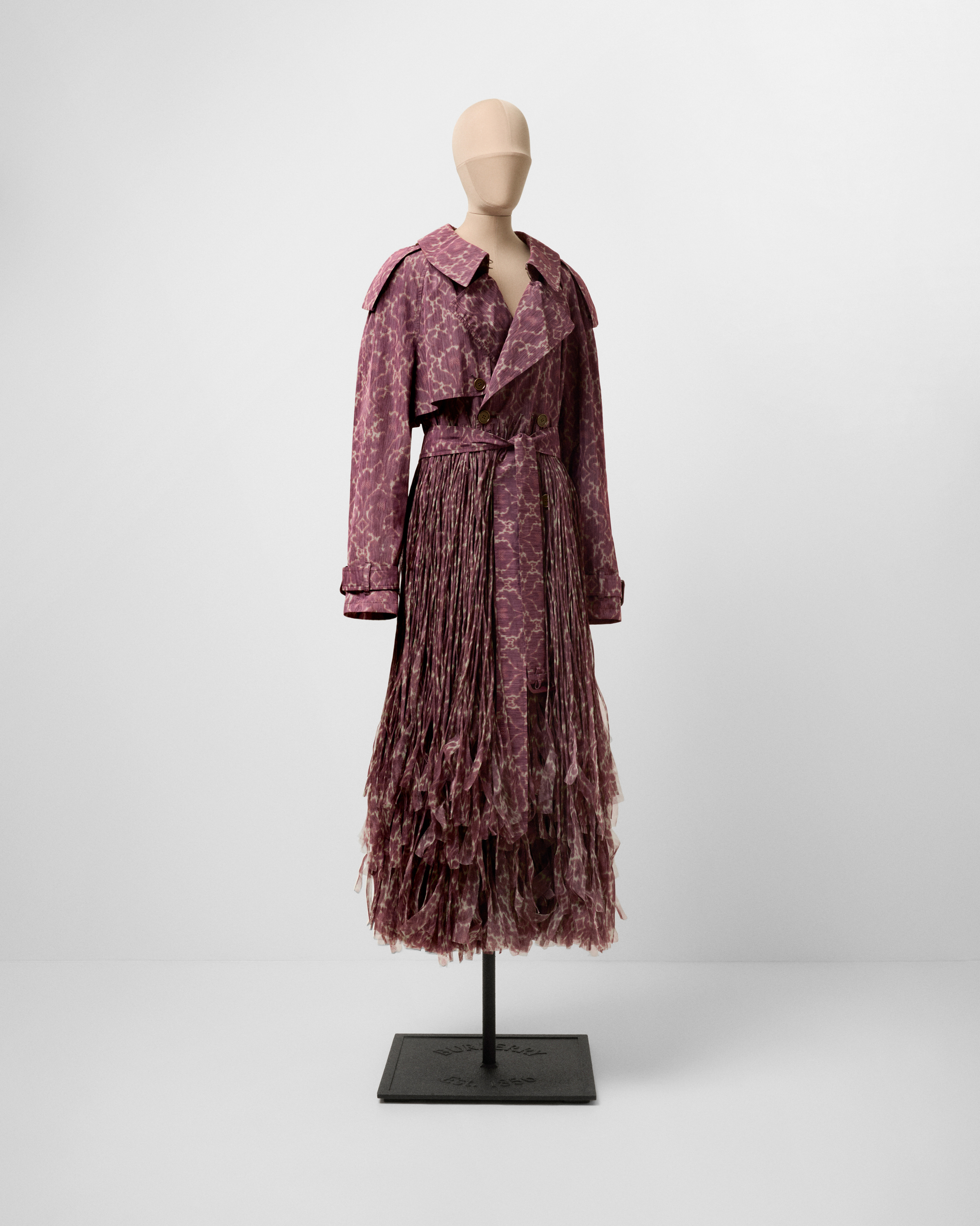 Burberry women’s purple baroque-print fringed trench from Winter 2025