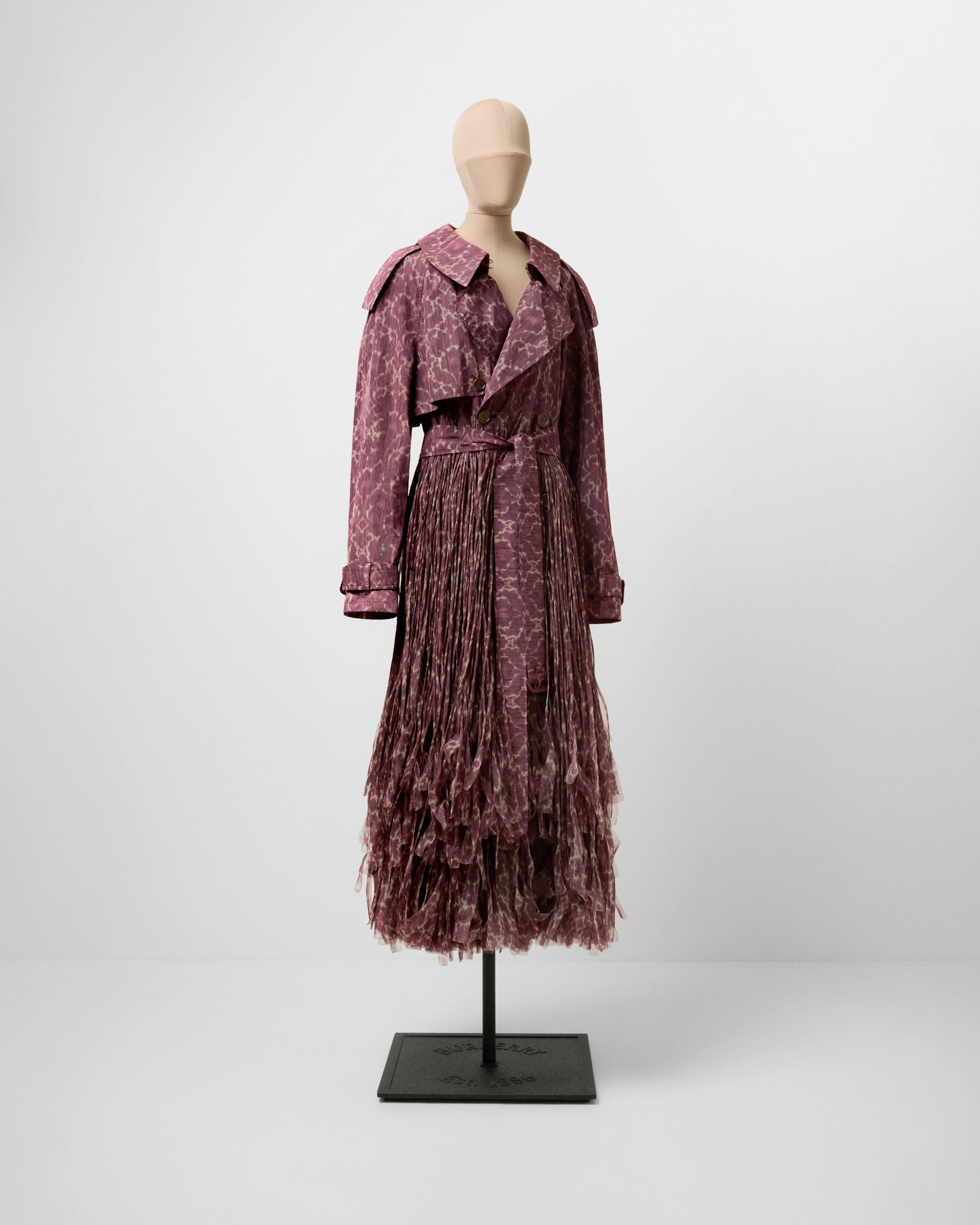 Burberry women&rsquo;s purple baroque-print fringed trench from Winter 2025