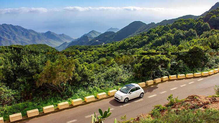 White Car on Mountain Road, Anaga Mountains, Tenerife, Canary Islands, Spain White Car on Mountain Road, Anaga Mountains, Tenerife, Canary Islands, Spain