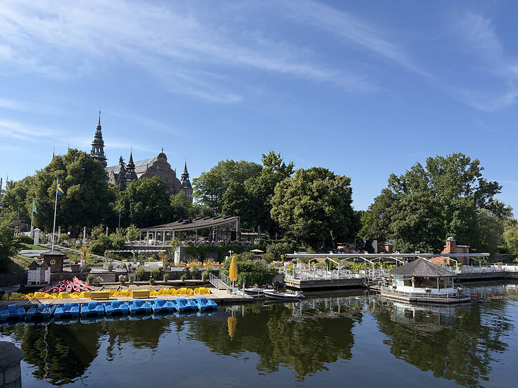 Djurgårdsbron at djurgården in the summer time with museum behind Djurgårdsbron