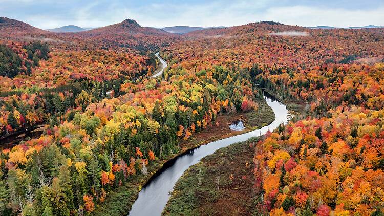 Aerial view of the Adirondacks in Upstate New York during fall Aerial view of the Adirondacks in Upstate New York during fall