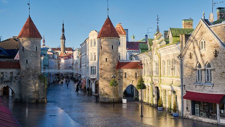 Old medieval Viru Gate in Tallinn city. Cityscape of old town of Tallinn, Estonia. Old medieval Viru Gate in Tallinn city. Cityscape of old town of Tallinn, Estonia.