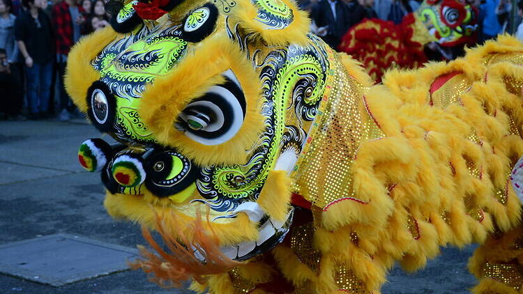 Close-up of a yellow lion dance costume performing at a street festival.