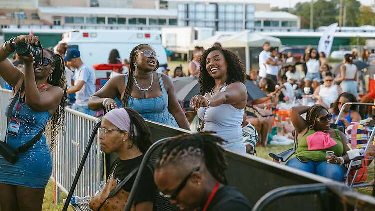 A wide shot of people socializing at an outdoor festival. A wide shot of people socializing at an outdoor festival.