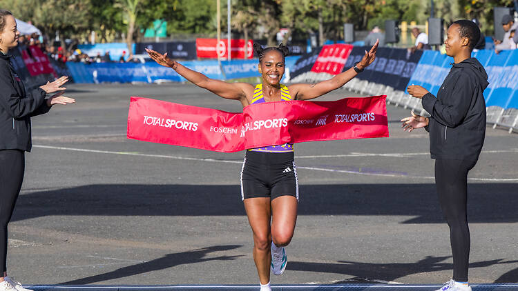 Neheng Khatala claims gold at the Totalsports Women's Race Durban. Neheng Khatala claims gold at the Totalsports Women's Race Durban.