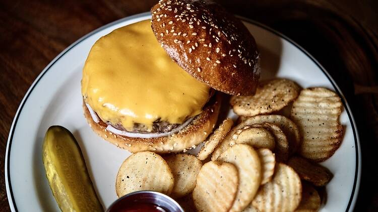 Burger at Red Hook Tavern in Brooklyn, NY