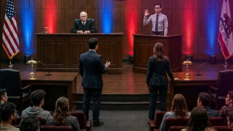 A wide shot of people participating in a courtroom proceeding A wide shot of people participating in a courtroom proceeding