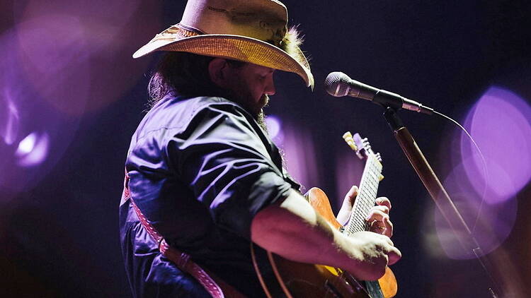 Close-up of a musician playing a guitar beside a microphone on a dimly lit stage. Close-up of a musician playing a guitar beside a microphone on a dimly lit stage.