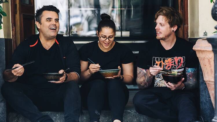 Ramenhead chefs FYN Group Managing Director Peter Tempelhoff with Ramenhead Executive Chef and Partner Julia Du Toit and FYN Group Culinary Director Ashley Moss