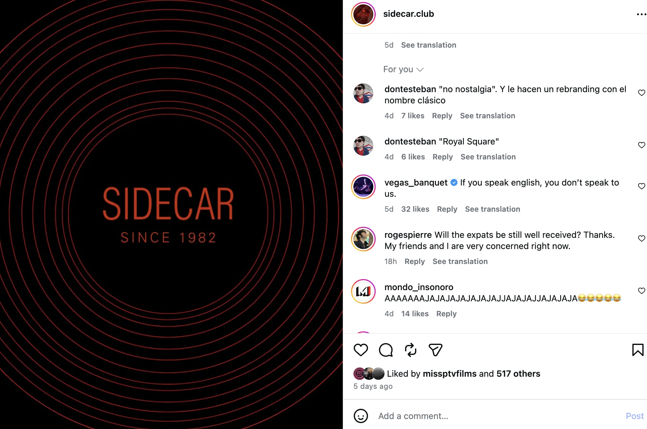 Captura de pantalla de l'Instagram del Sidecar 