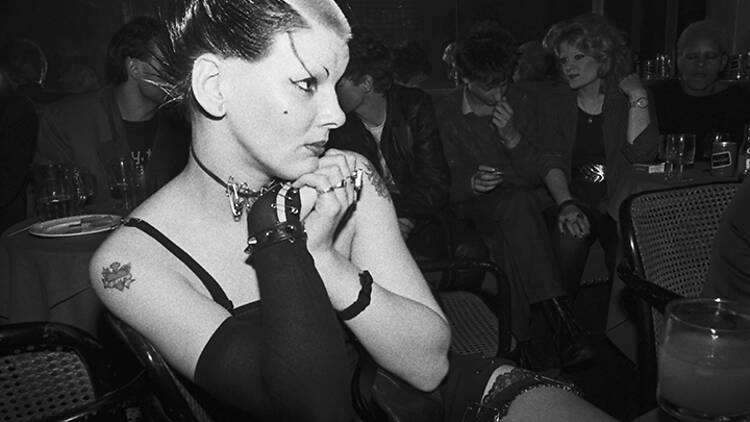 Black and white photo of Soo Catwoman with punk makeup and hair at Club Louise Black and white photo of Soo Catwoman with punk makeup and hair at Club Louise