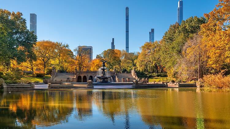 Central Park in Fall with Bethesda Terrace and Fountain Central Park in Fall with Bethesda Terrace and Fountain