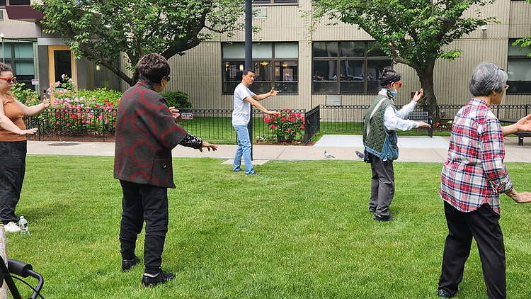 A wide shot of people practicing tai chi on a lawn outside a building