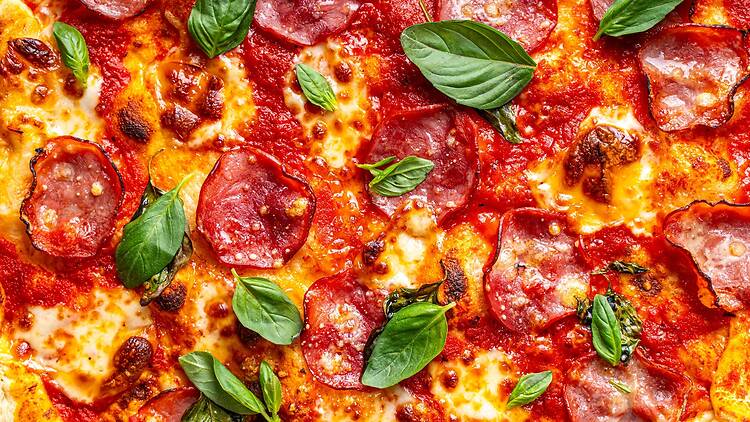 Close-up of pepperoni pizza Close-up of pepperoni pizza