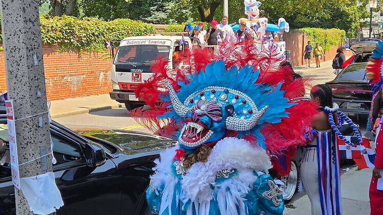 Close-up of a person in a colorful carnival costume during a street parade.