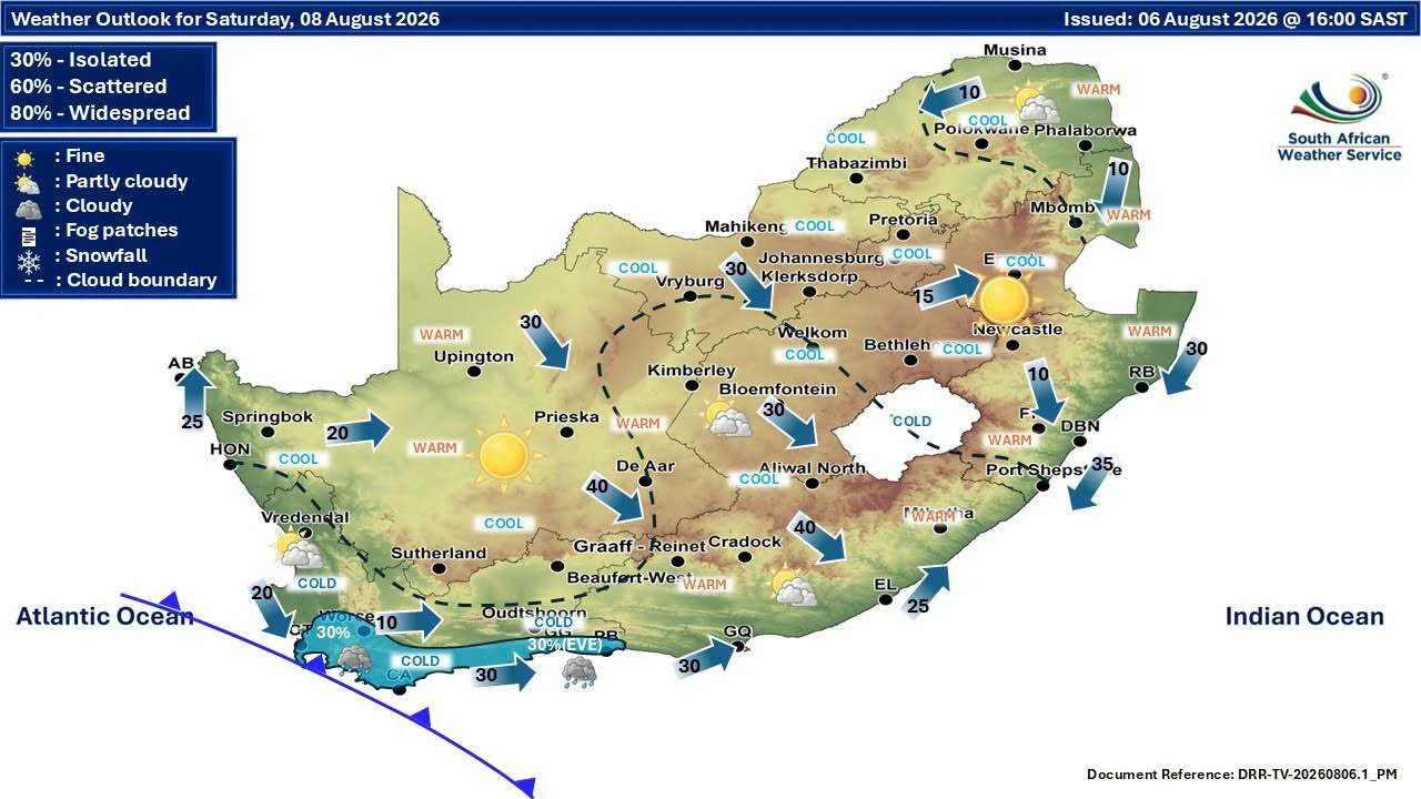 A cold front and associated steep upper-air trough expected to make landfall over the Western and Northern Cape on Sunday, 9 August.