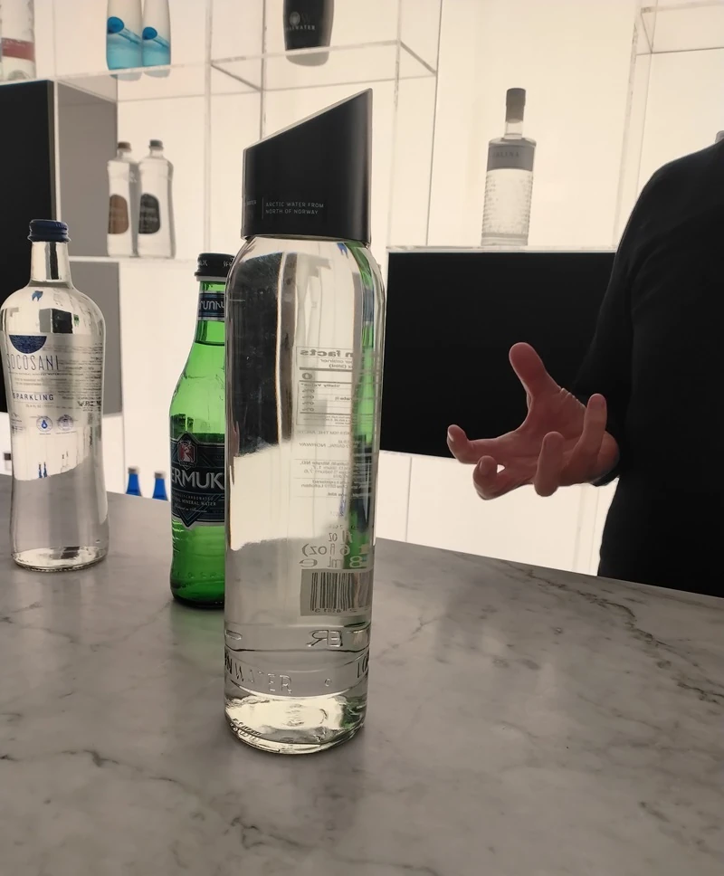 The clear glass with a nondescript cap holds 200 000-year-old glacial water from the Lofoten Islands in Norway. It has a TDS level of 30 mg/L.