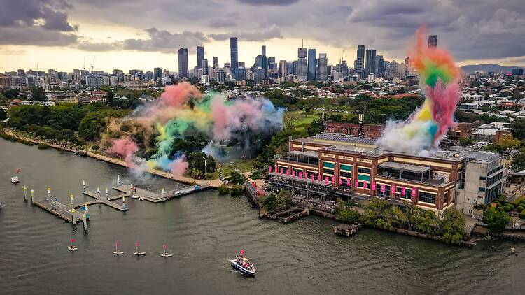 Melt Festival Rainbow smoke over Brisbane Powerhouse