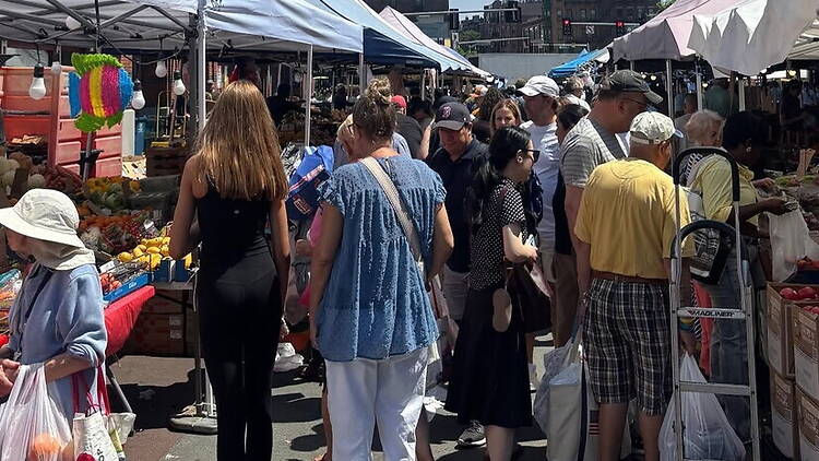 A wide shot of shoppers browsing fresh produce at an outdoor market A wide shot of shoppers browsing fresh produce at an outdoor market