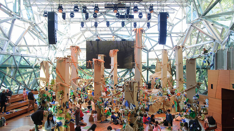 Paper Planet at Fed Square Children engaged in making a 'forest' out of cardboard, paper, etc.