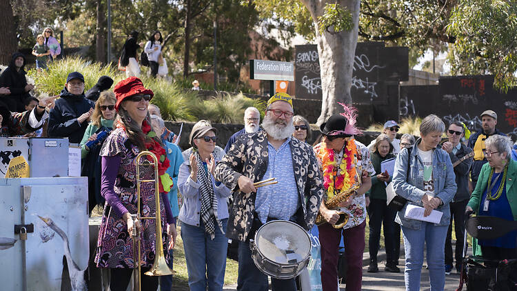 Birrarung Riverfest People playing different musical instruments outdoors.