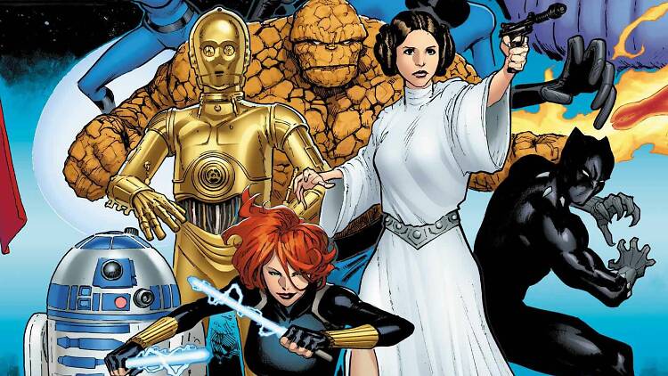Star Wars/Marvel: Hope Assembles cover a Star Wars/Marvel: Hope Assembles cover featuring Leia, Black Widow, C3P0, R2D2, The Fantstic Four and Black Panther.