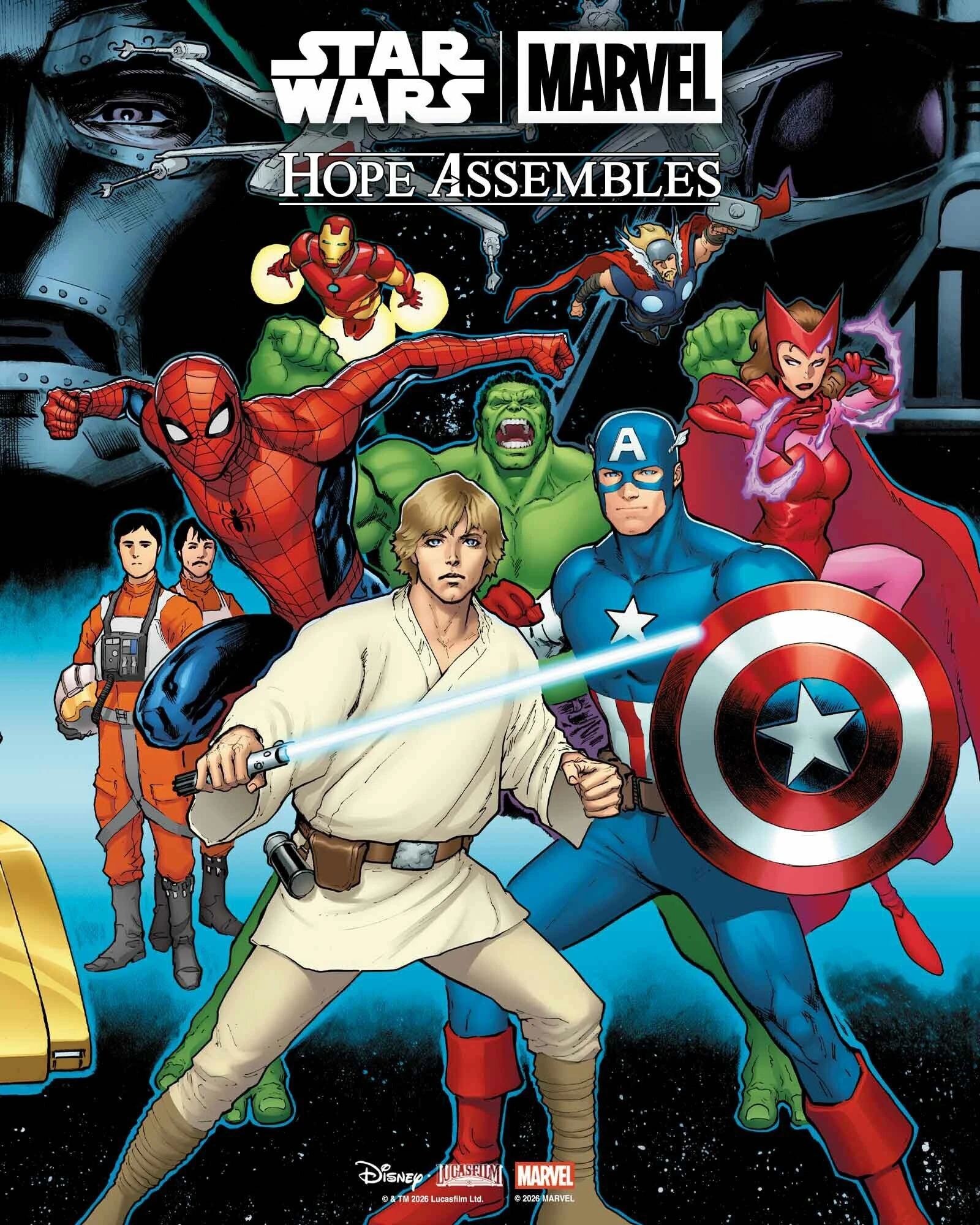Star Wars/Marvel: Hope Assembles with Luke Skywalker, Captain America, Spider-Man, Scarlett Witch, Iron Man, The Hulk and some Rebel pilots