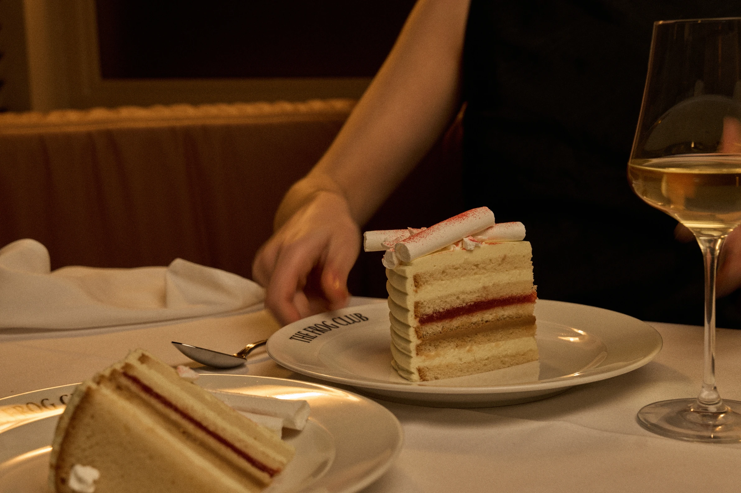A slice of cake on a plate.