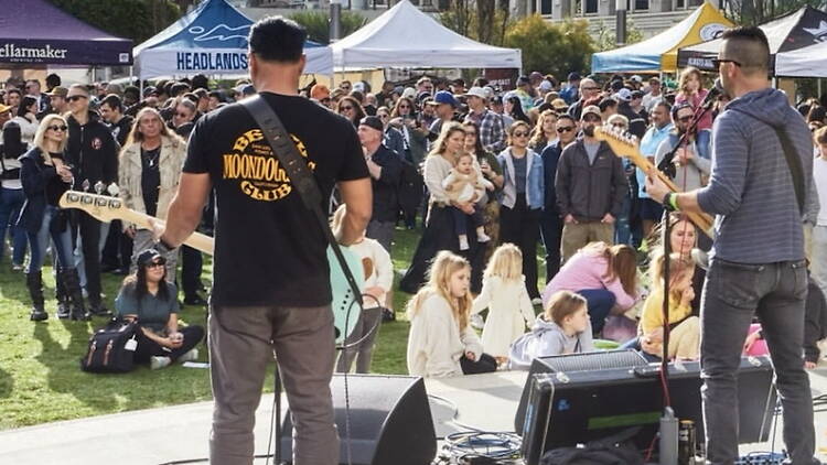 A wide shot of musicians perform for a crowd at an outdoor festival.