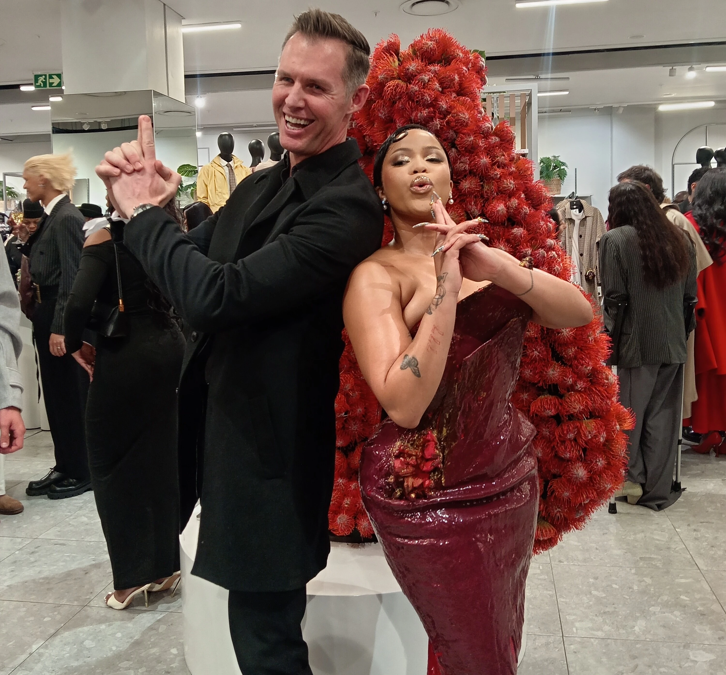 Host Anele Zondo in a Gert-Johan Coetzee original with renowned photographer Marc Gregory.