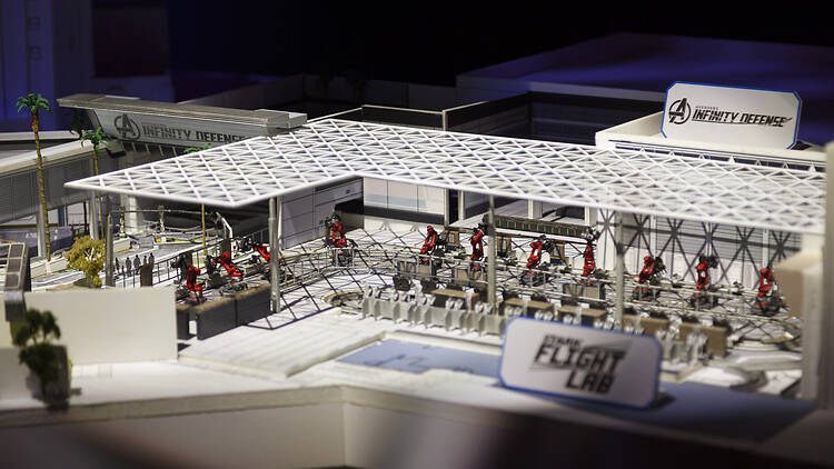 Stark Flight Lab and Avengers Infinity Defense at Disney California Adventure models at D23 2026