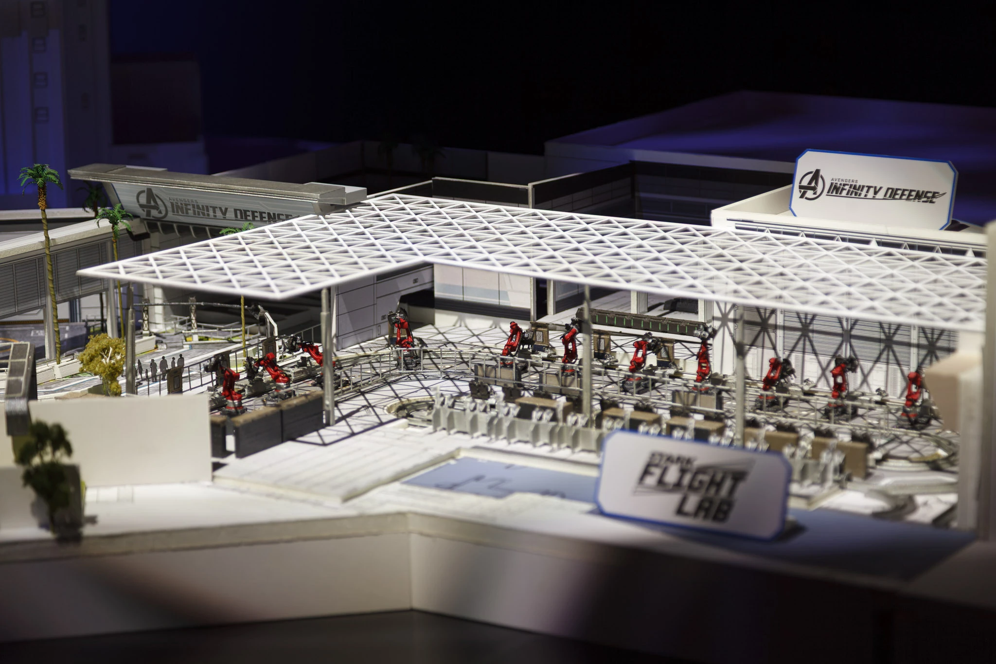 Stark Flight Lab and Avengers Infinity Defense at Disney California Adventure models at D23 2026