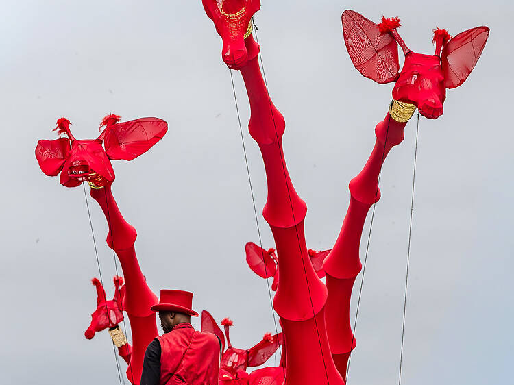 The evening’s main event: giant giraffes take over the city centre