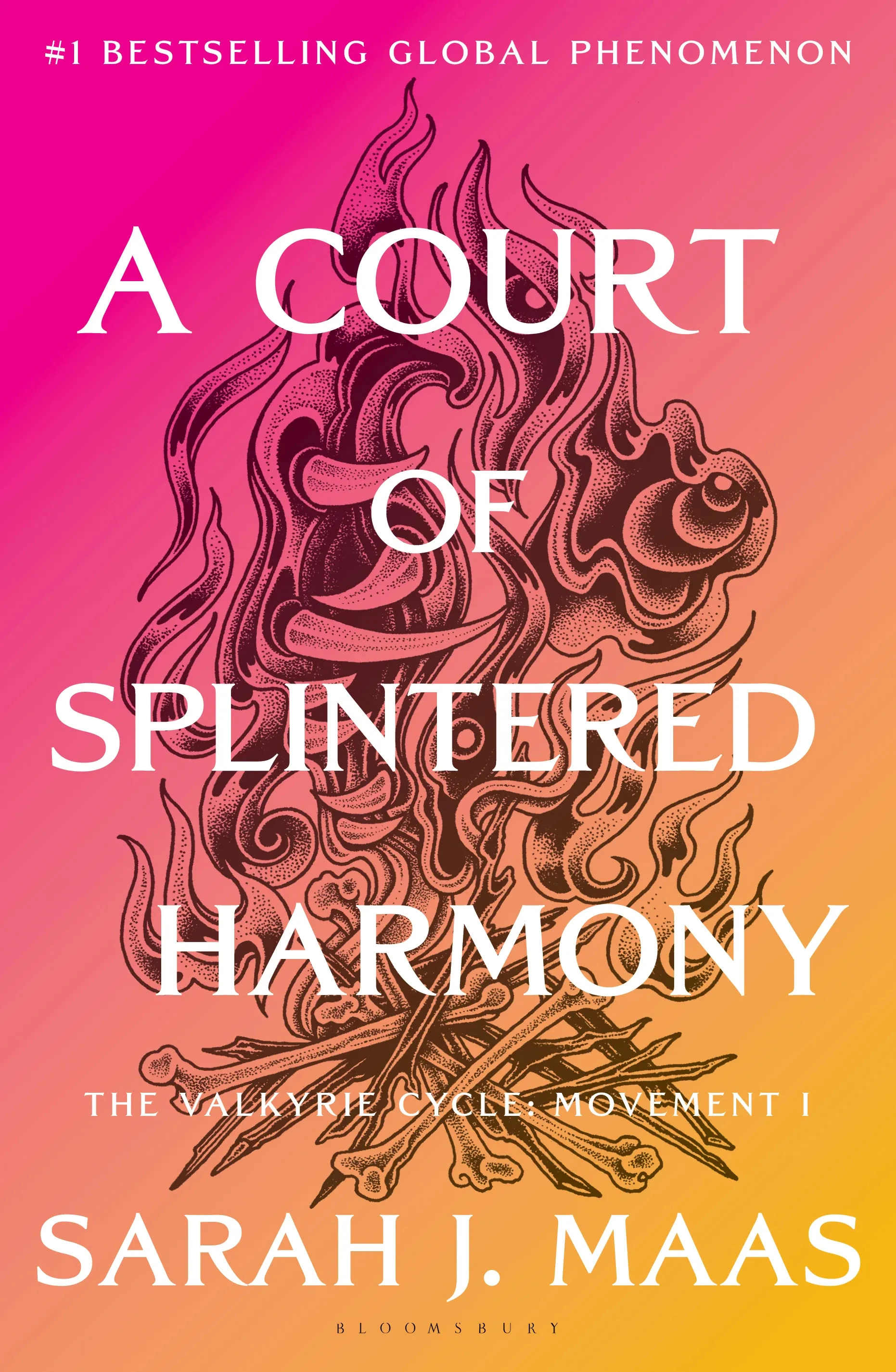  the cover of A Court of Splintered Harmony: The Valkyrie Cycle: Movement I by Sarah J. Maas shows fire with bones and sharp teeth