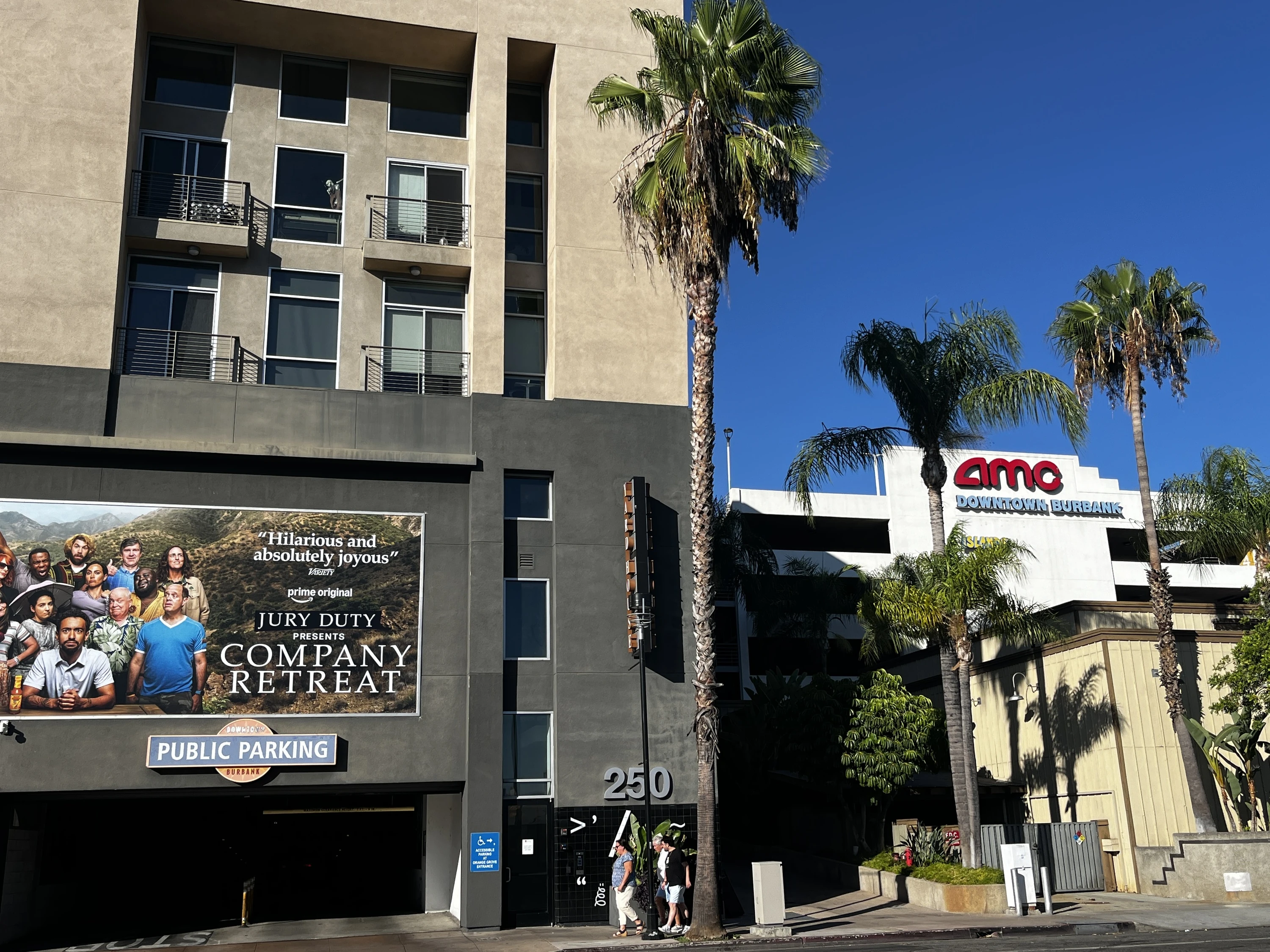 The entrance to the AMC 16 parking lot in downtown Burbank.