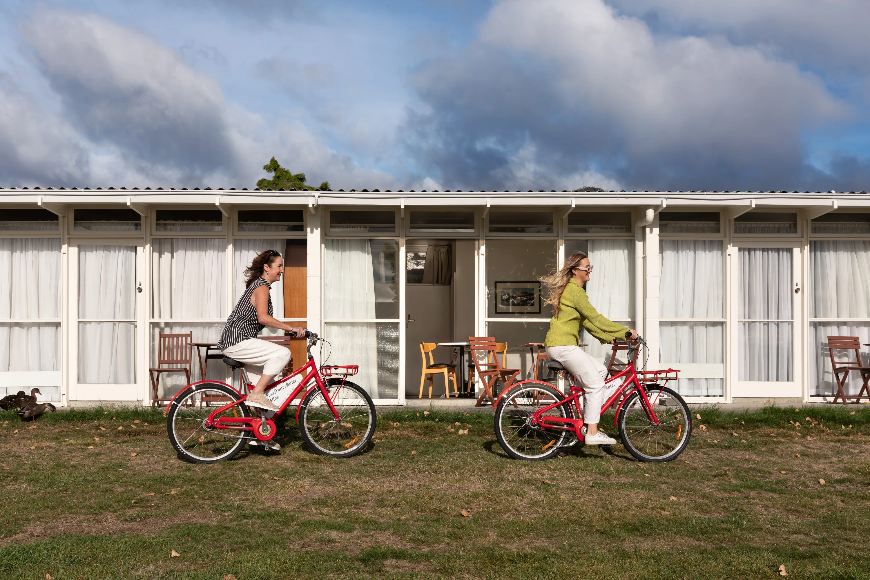 Cyclists outside motel