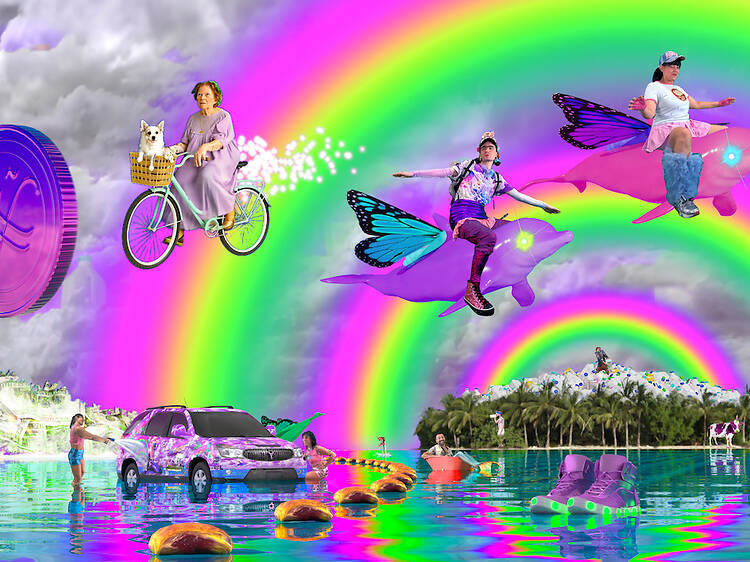 A trippy new art piece will take over Times Square billboards next month, featuring a 27-foot inflatable unicorn cow riding a jet ski
