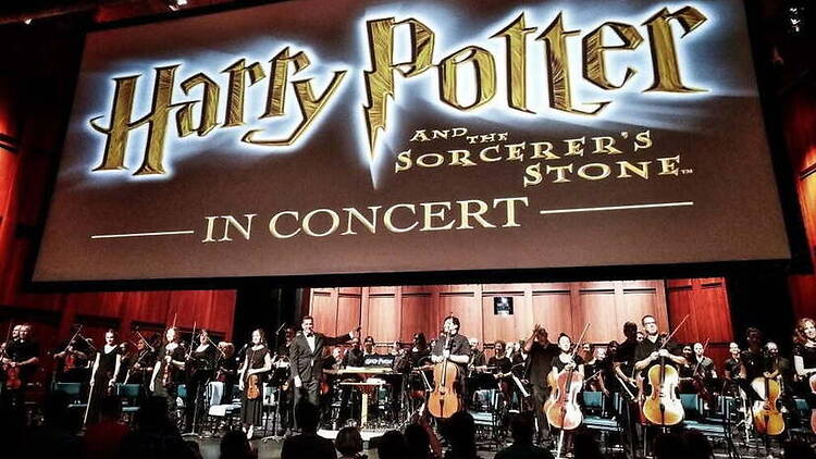 A wide shot of an orchestra performing Harry Potter and the Sorcerer's Stone in concert on stage. A wide shot of an orchestra performing Harry Potter and the Sorcerer's Stone in concert on stage.