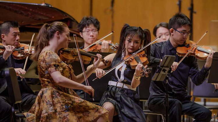 A wide shot of musicians playing string instruments together in an orchestra.