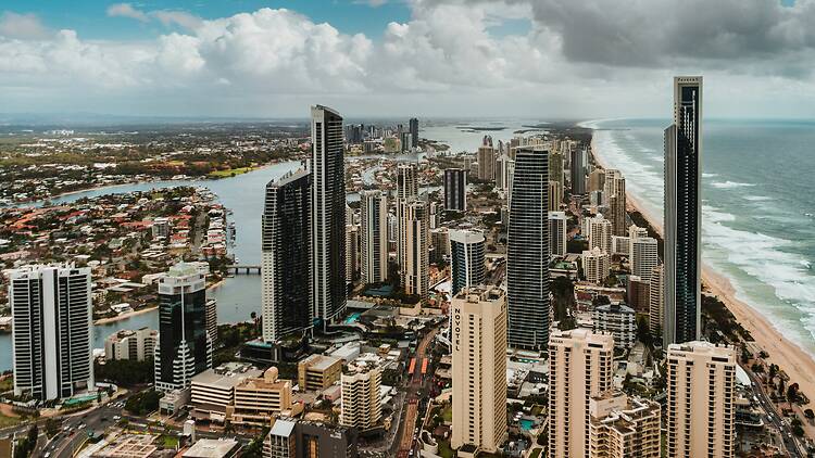 Aerial view of buildings near ocean