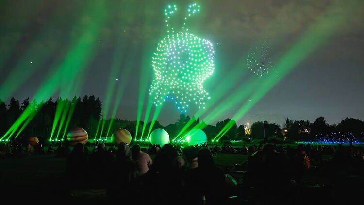 Crowd watching a glowing drone display with green lasers in a park at night.