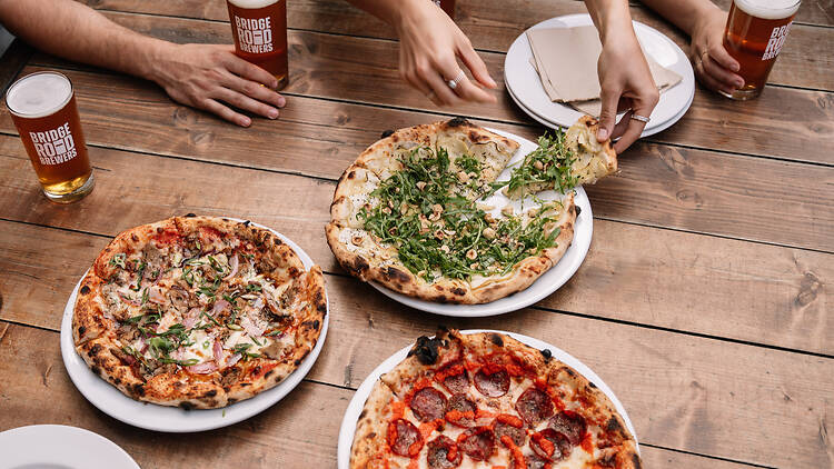 Wood-fired pizzas at Bridge Road Brewers.