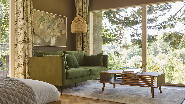 The Treehouse Suites, perched up in the woodland canopy and feature mid-century modern furnishings, olive green velvet sofas, leaf-patterned drapes, and floor-to-ceiling windows looking directly into the trees.